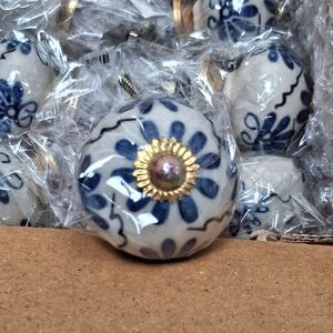 12 NEW Metal Magic LLC Ceramic Drawer Pull Knob Blue White Cottage Farmhouse
